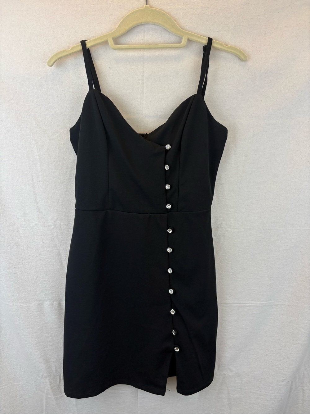 Trixxi Black Elegant Spaghetti-Strap Mini Dress Rhinestone Buttons, side slit 7